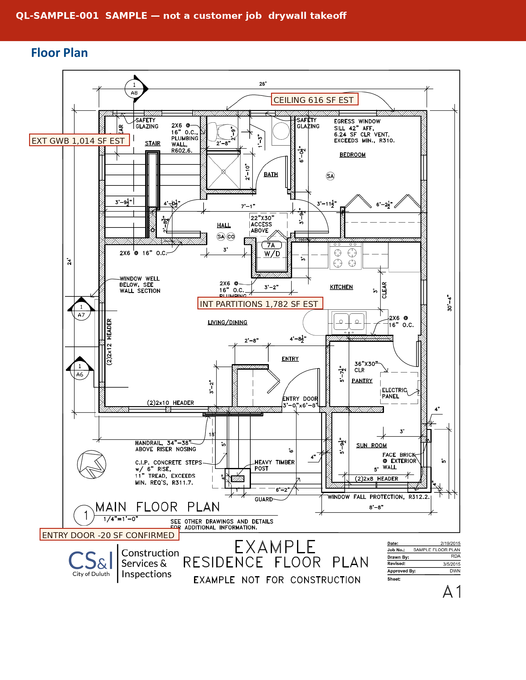 Sample marked floor plan with Qtyline takeoff markups on a public Duluth residential drawing